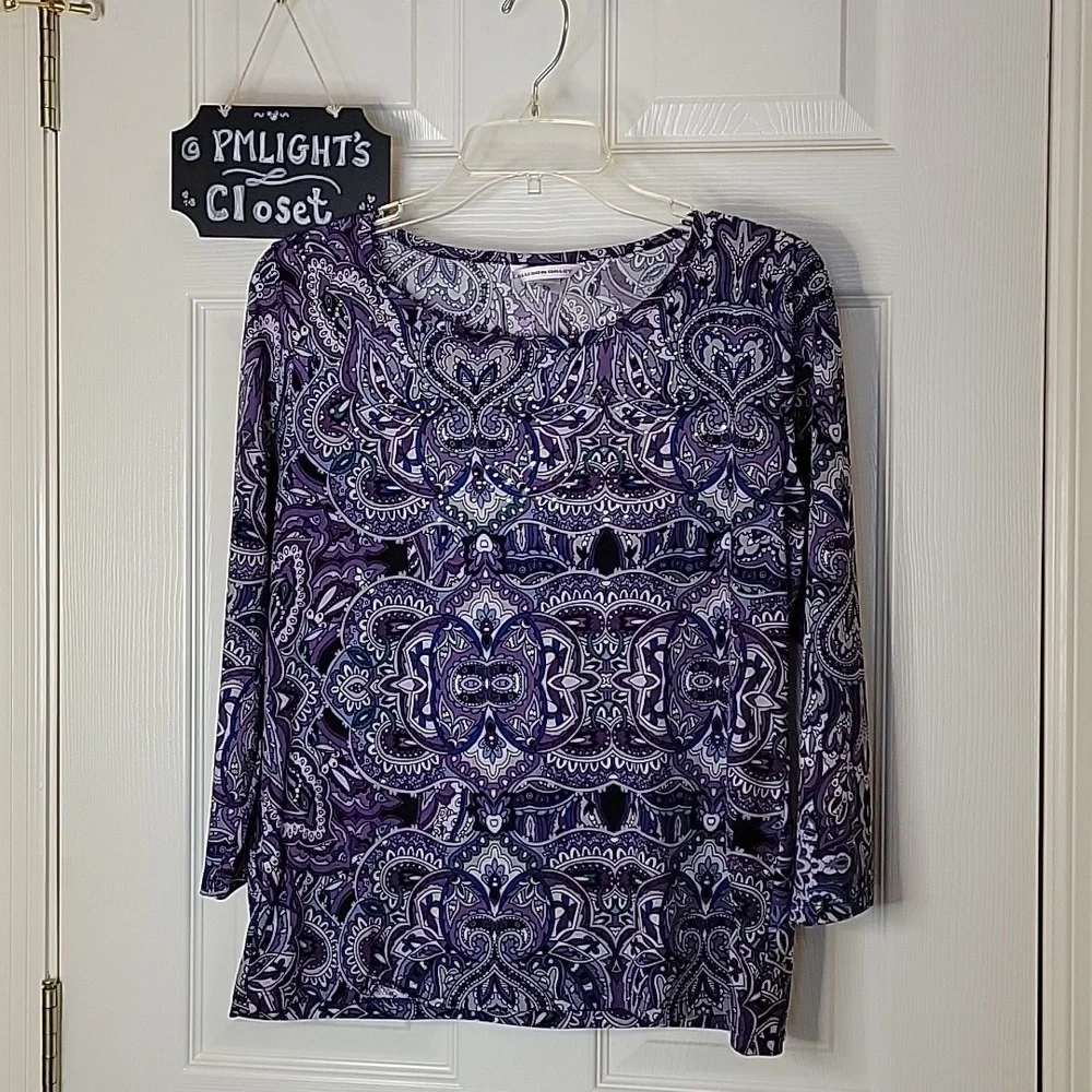 Allison Daley Blouse Small Purple Gray Silver Rhinestones